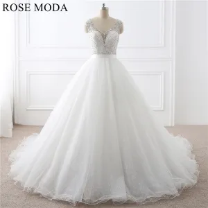 Rosemoda Cap Sleeve Curved V Neckline Beading Ball Gown Wedding Dress
