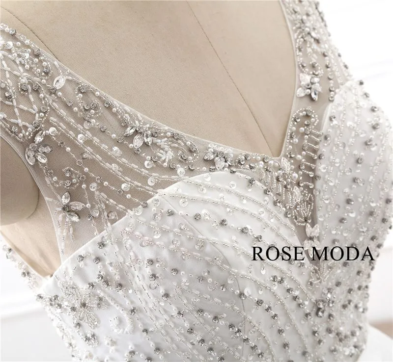 Rosemoda Cap Sleeve Curved V Neckline Beading Ball Gown Wedding Dress