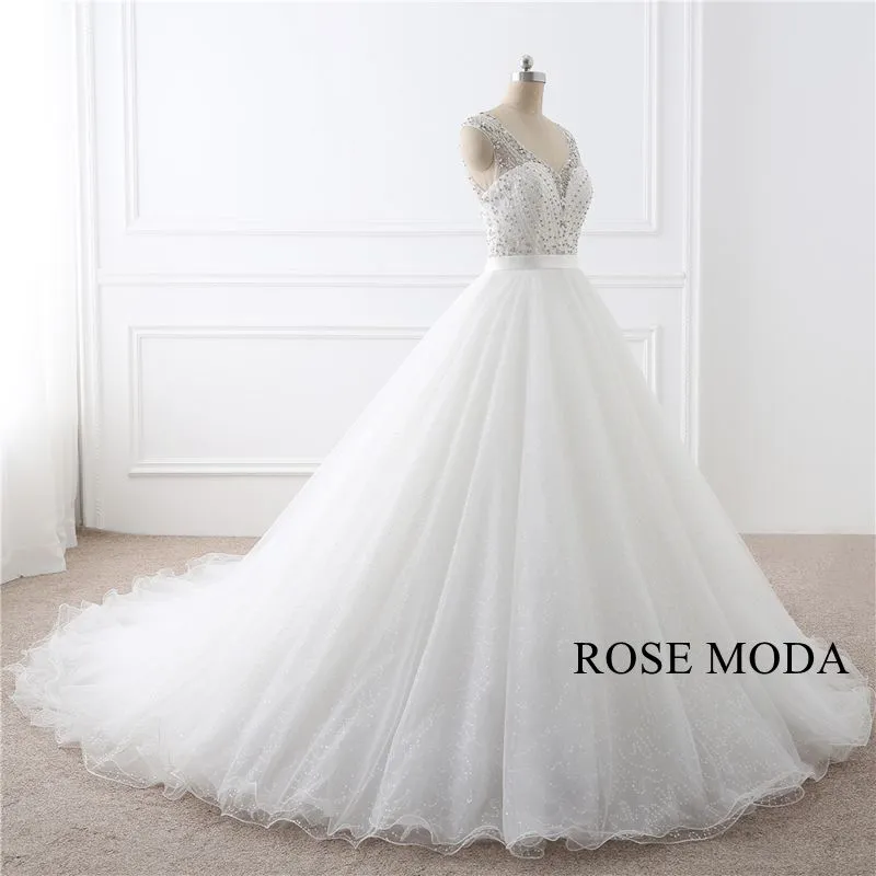 Rosemoda Cap Sleeve Curved V Neckline Beading Ball Gown Wedding Dress