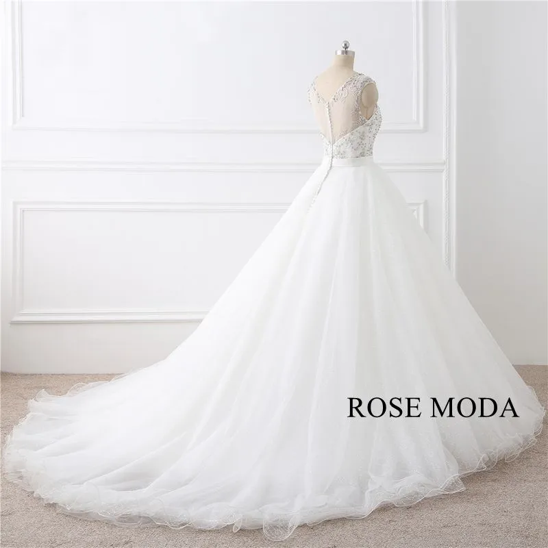 Rosemoda Cap Sleeve Curved V Neckline Beading Ball Gown Wedding Dress