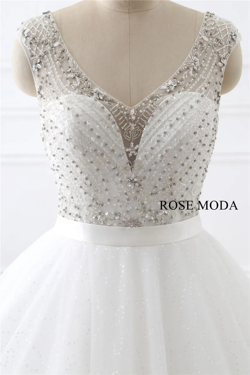Rosemoda Cap Sleeve Curved V Neckline Beading Ball Gown Wedding Dress