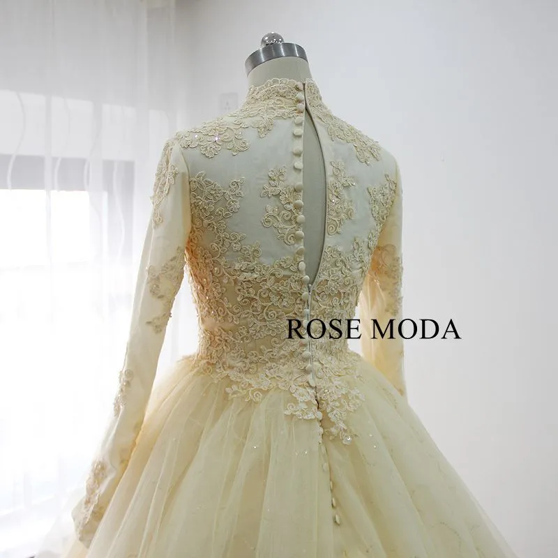 Rosemoda Champagne Long Sleeve Muslim Ball Gown Wedding Dress