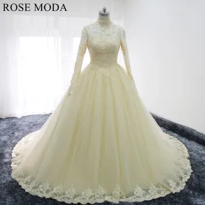 Rosemoda Champagne Long Sleeve Muslim Ball Gown Wedding Dress