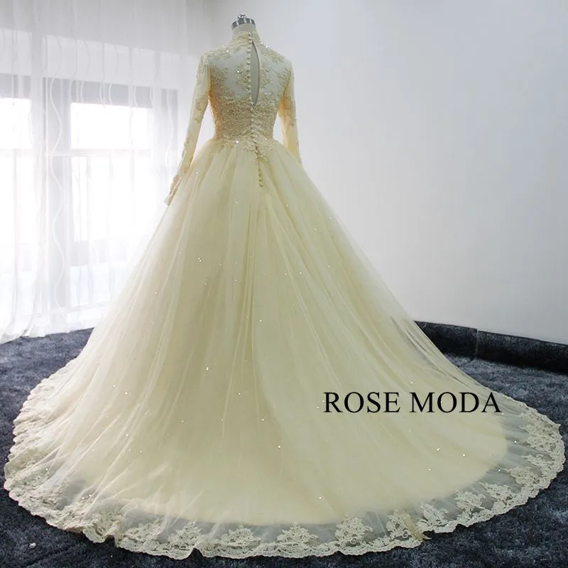 Rosemoda Champagne Long Sleeve Muslim Ball Gown Wedding Dress