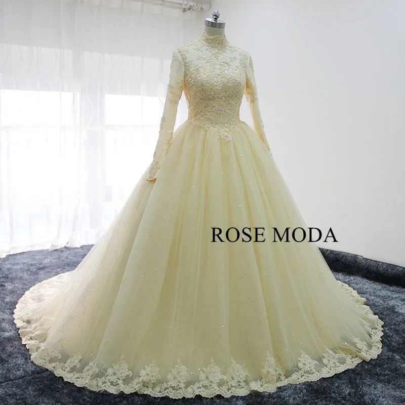 Rosemoda Champagne Long Sleeve Muslim Ball Gown Wedding Dress