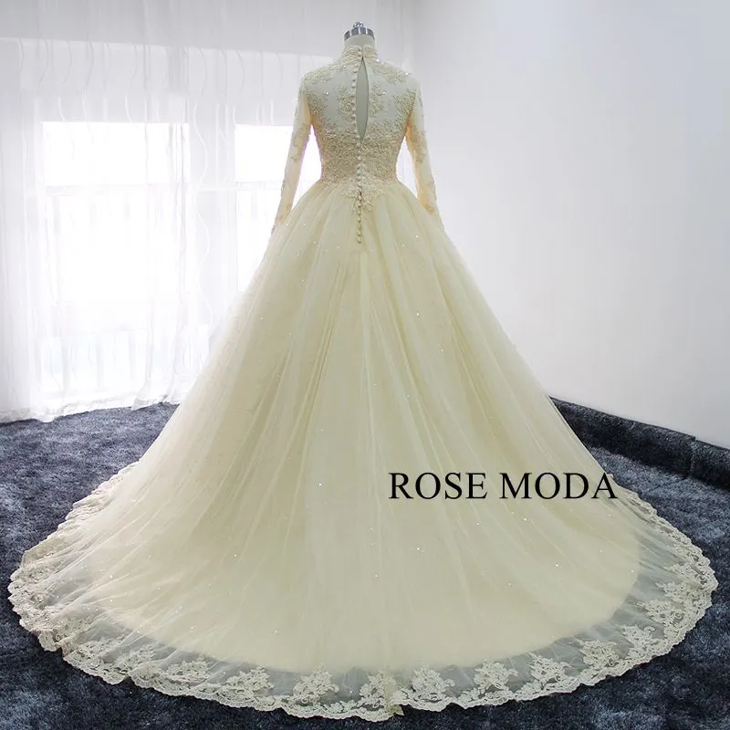 Rosemoda Champagne Long Sleeve Muslim Ball Gown Wedding Dress