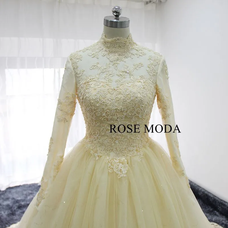Rosemoda Champagne Long Sleeve Muslim Ball Gown Wedding Dress