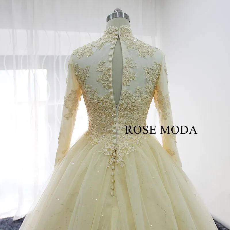 Rosemoda Champagne Long Sleeve Muslim Ball Gown Wedding Dress