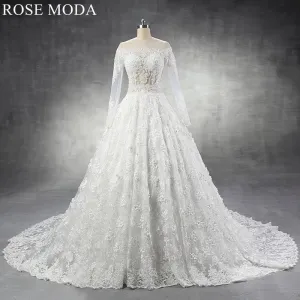 Rosemoda Luxury Illusion Bodice Lace Ball Gown Wedding Dress with Long Sleeve