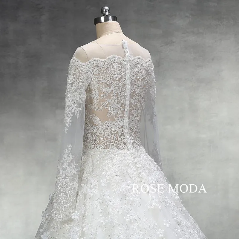 Rosemoda Luxury Illusion Bodice Lace Ball Gown Wedding Dress with Long Sleeve