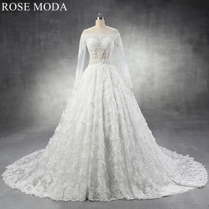 Rosemoda Luxury Illusion Bodice Lace Ball Gown Wedding Dress with Long Sleeve