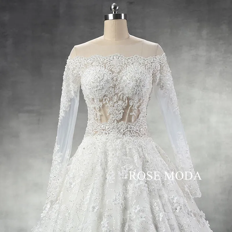 Rosemoda Luxury Illusion Bodice Lace Ball Gown Wedding Dress with Long Sleeve