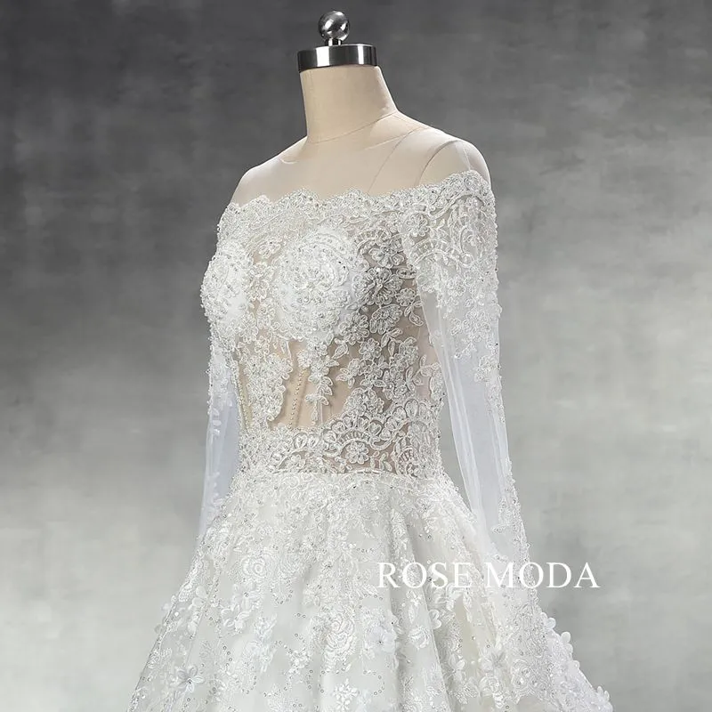 Rosemoda Luxury Illusion Bodice Lace Ball Gown Wedding Dress with Long Sleeve