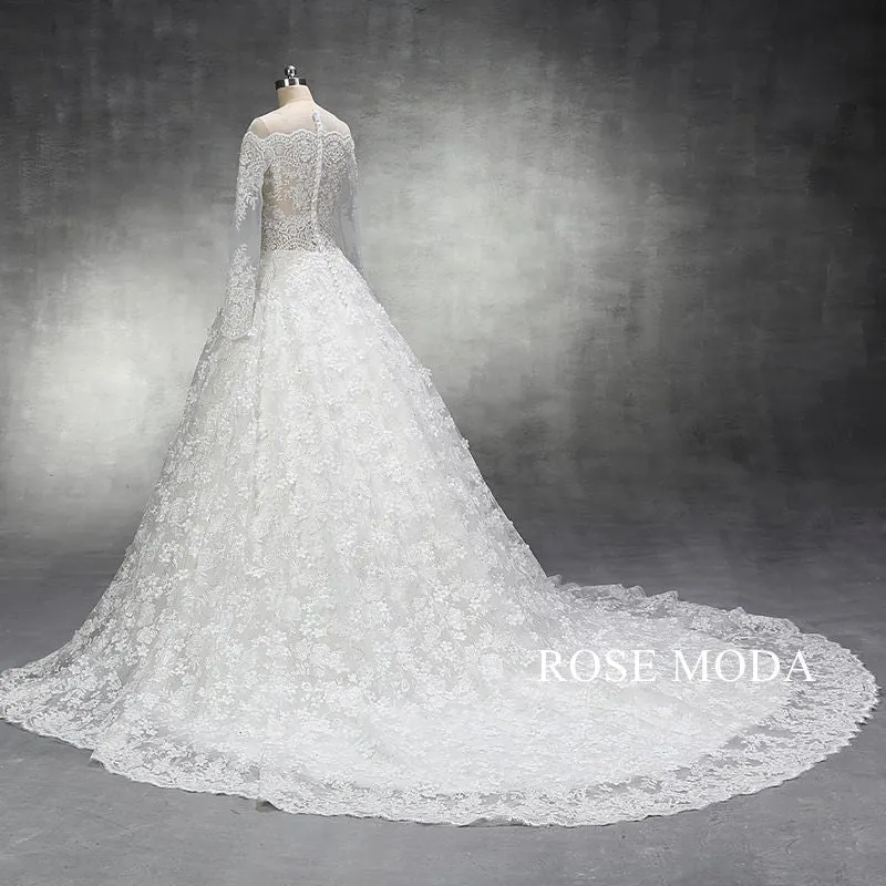 Rosemoda Luxury Illusion Bodice Lace Ball Gown Wedding Dress with Long Sleeve