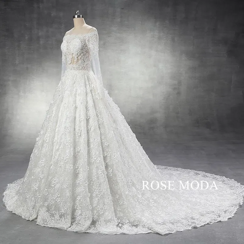 Rosemoda Luxury Illusion Bodice Lace Ball Gown Wedding Dress with Long Sleeve