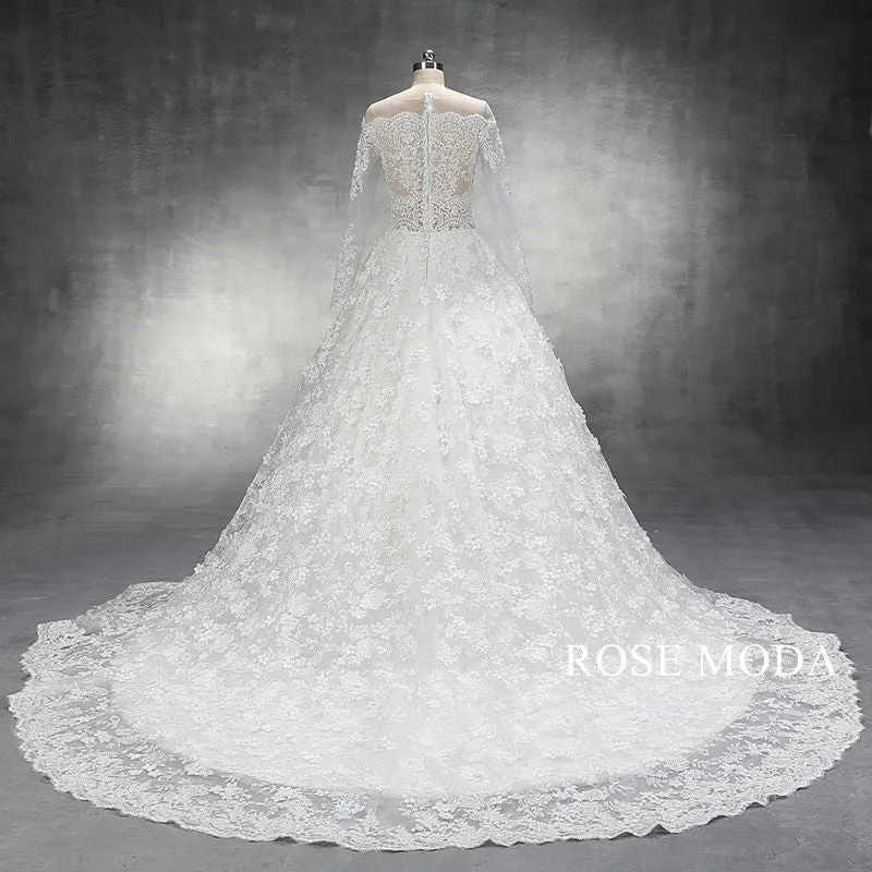 Rosemoda Luxury Illusion Bodice Lace Ball Gown Wedding Dress with Long Sleeve