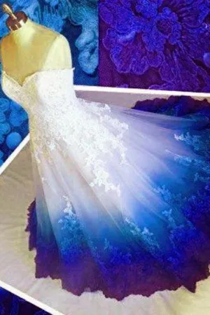 Royal Blue Ombre Prom Dress Sweetheart, Ball Gown Lace Applique Long Wedding Dress N1800