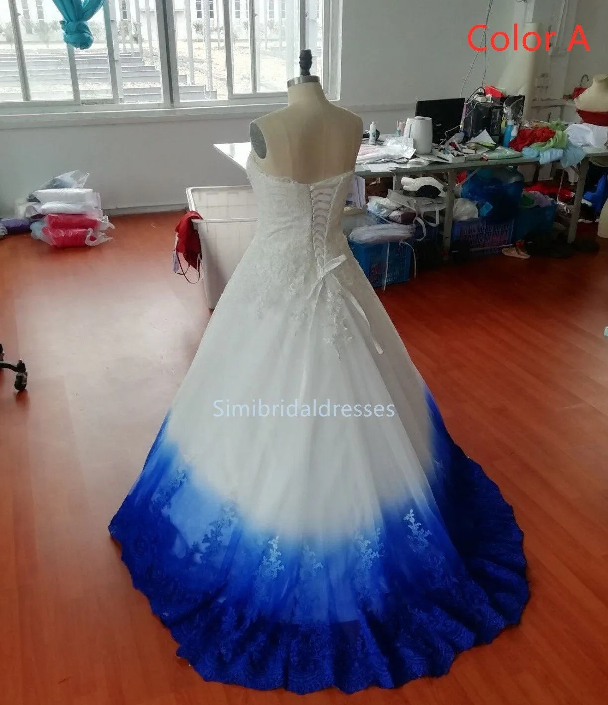 Royal Blue Ombre Prom Dress Sweetheart, Ball Gown Lace Applique Long Wedding Dress N1800