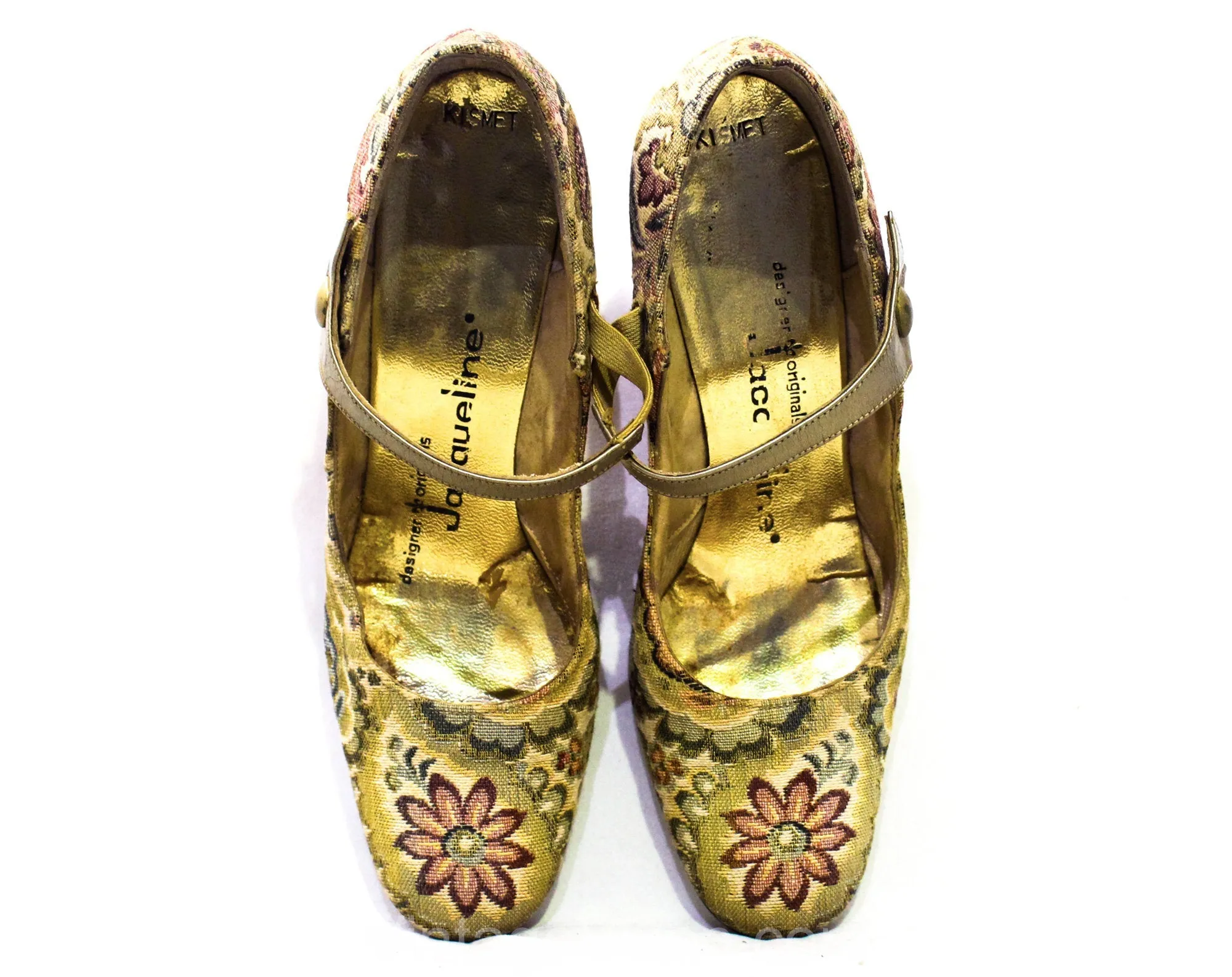 Size 4 Shoes - Antique Style 1960s Brocade Pumps with Romantic Style - 4B Taupe Sage Rouge Olive Neutral Floral & Metallic Leather 60s Heels