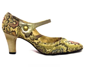 Size 4 Shoes - Antique Style 1960s Brocade Pumps with Romantic Style - 4B Taupe Sage Rouge Olive Neutral Floral & Metallic Leather 60s Heels