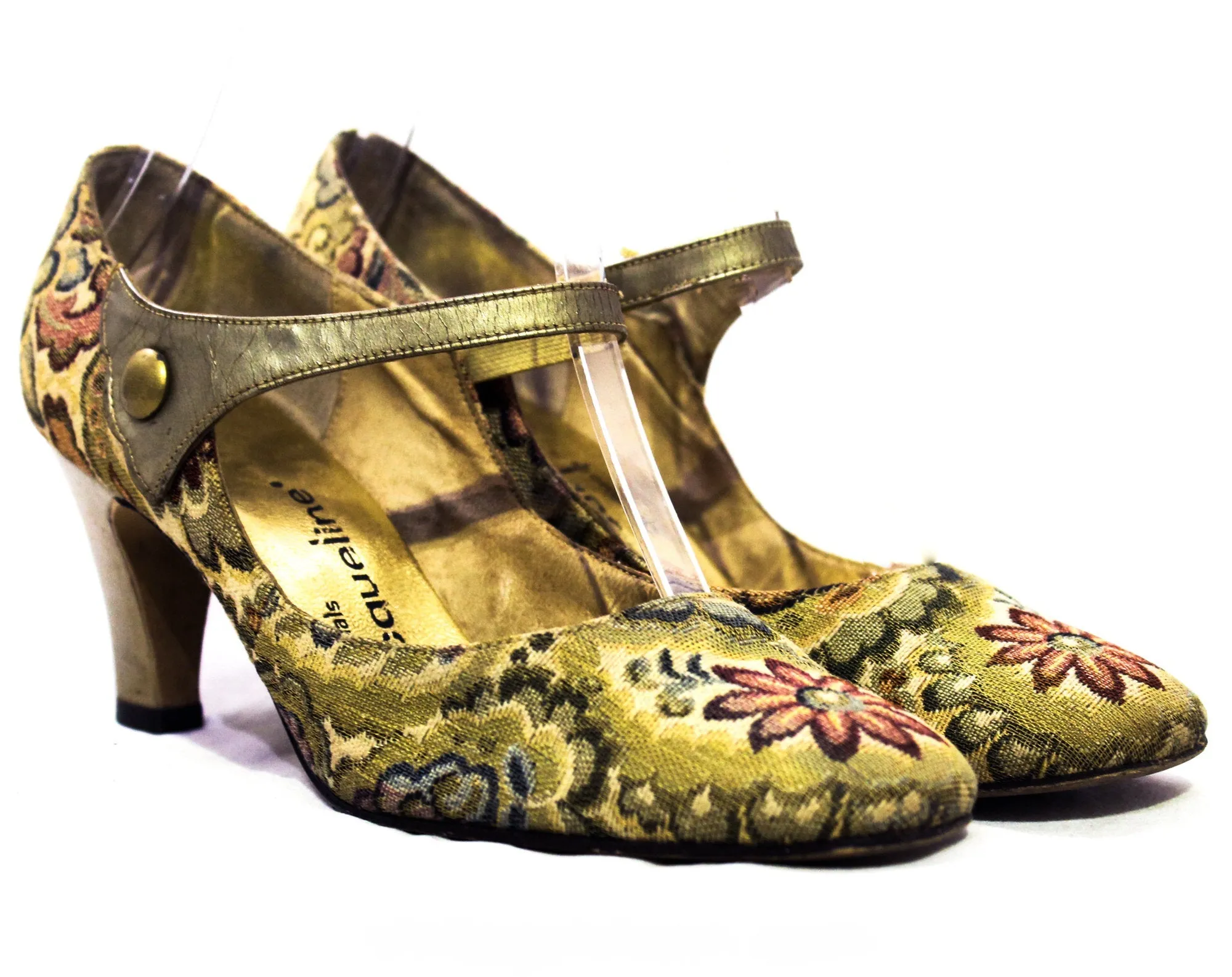 Size 4 Shoes - Antique Style 1960s Brocade Pumps with Romantic Style - 4B Taupe Sage Rouge Olive Neutral Floral & Metallic Leather 60s Heels