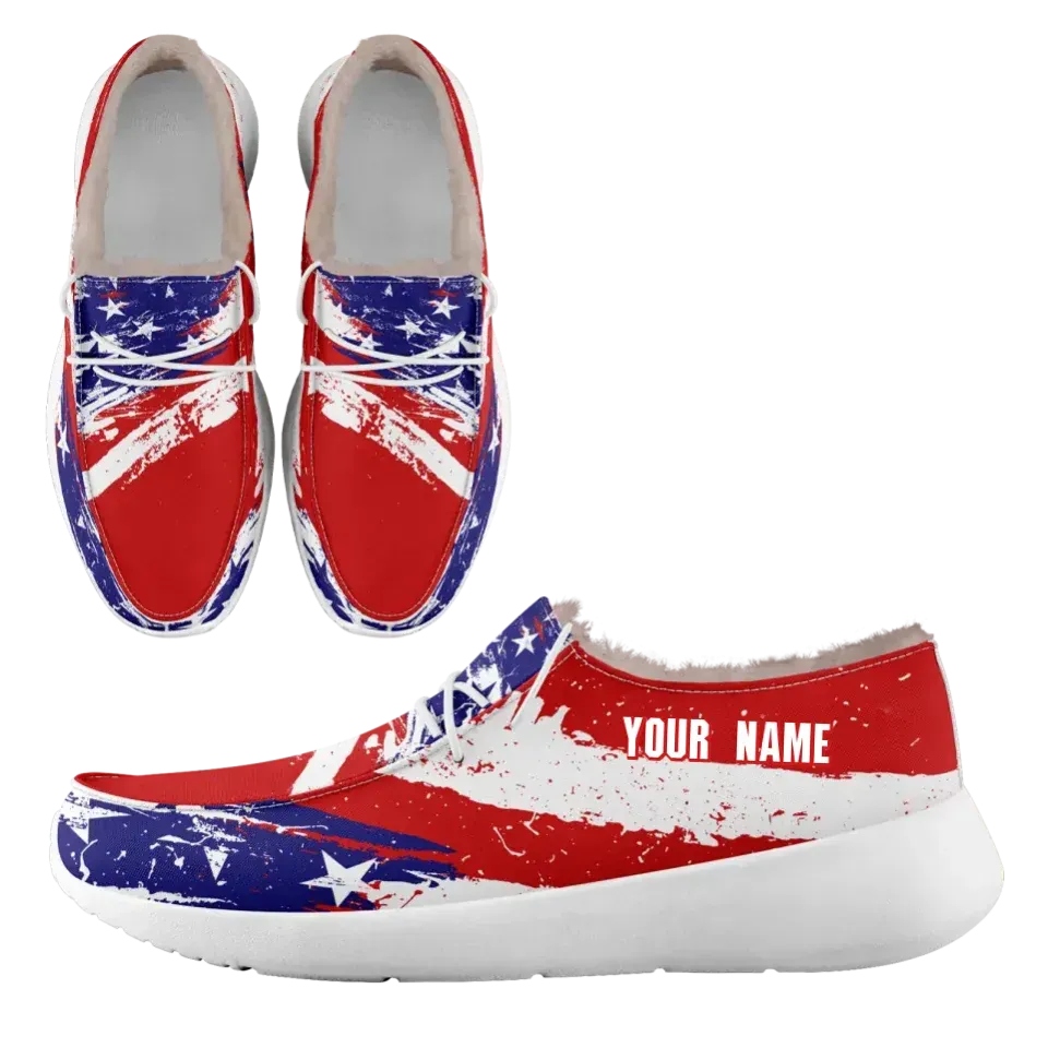 Unique Gift,Personalized USA Flag Sneakers, Custom Stars and Stripes Loafer Shoes, Fur Lining Shoe, Pride in Comfort,FN042-24020304-1w