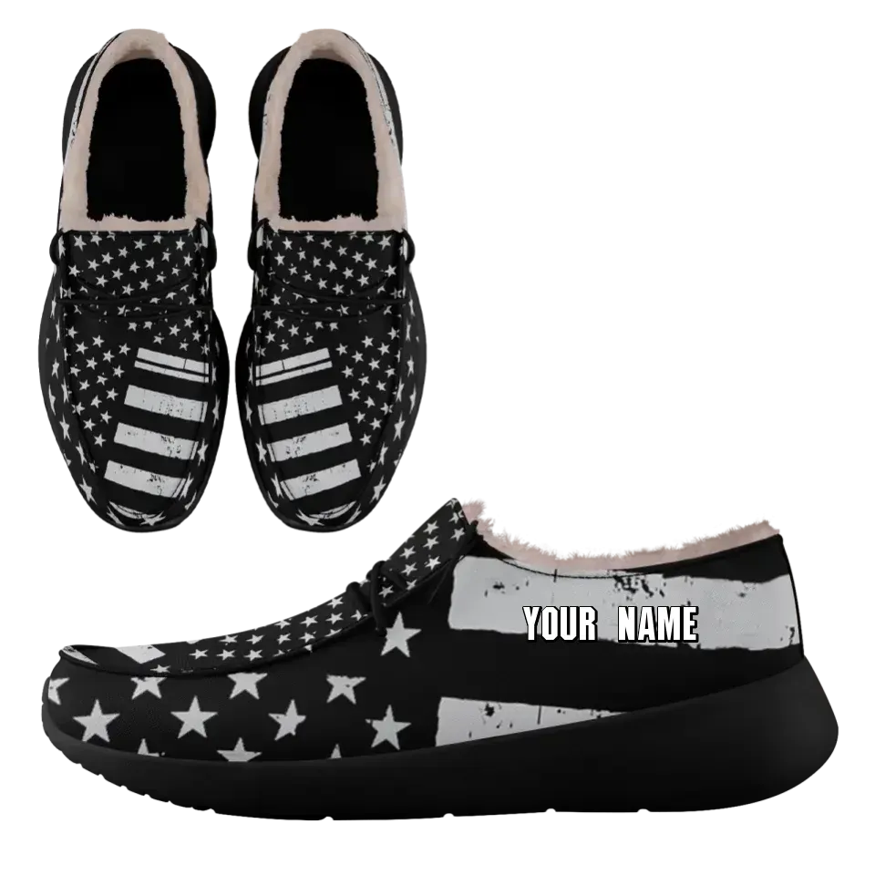 Unique Gift,Personalized USA Flag Sneakers, Custom Stars and Stripes Loafer Shoes, Fur Lining Shoe, Pride in Comfort,FN042-24020304-6b