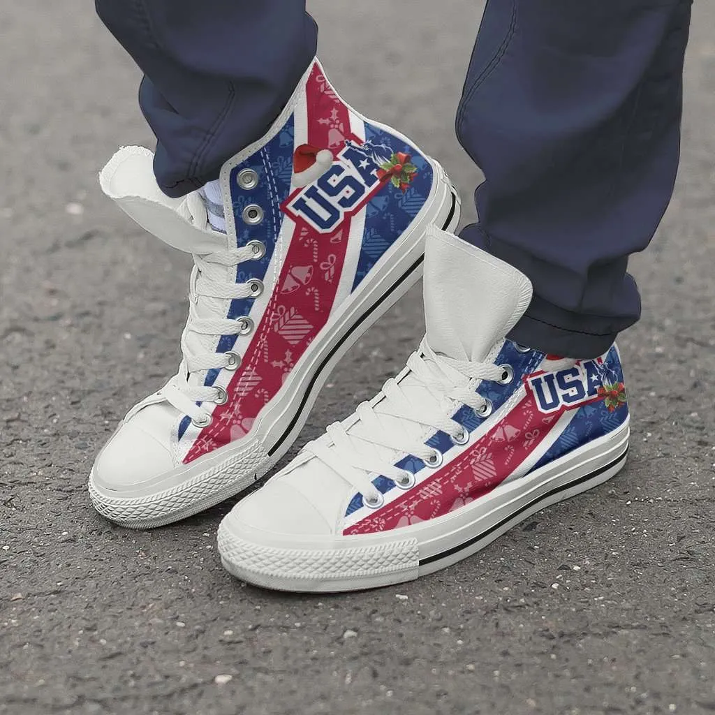 USA Christmas Football Pattern Canvas High Top Shoes