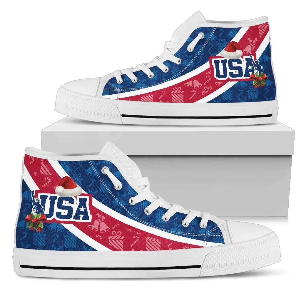 USA Christmas Football Pattern Canvas High Top Shoes