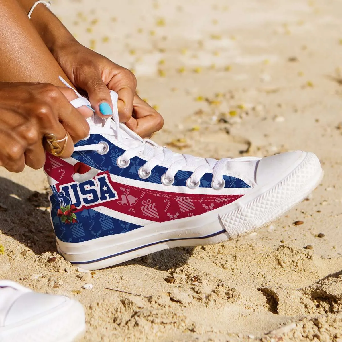 USA Christmas Football Pattern Canvas High Top Shoes