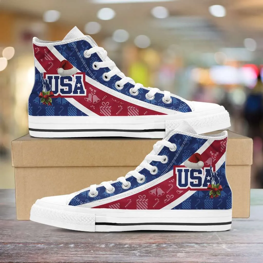 USA Christmas Football Pattern Canvas High Top Shoes