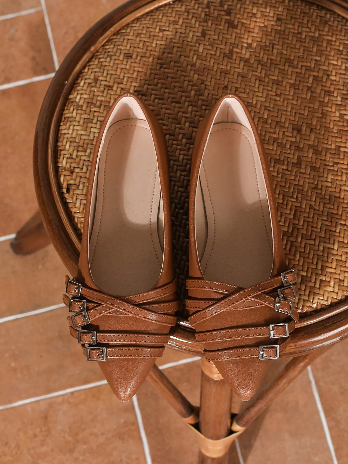 Women's Flat Mary Jane Shoes, Solid Brown Color, Multi-Strap, Suitable For All Seasons