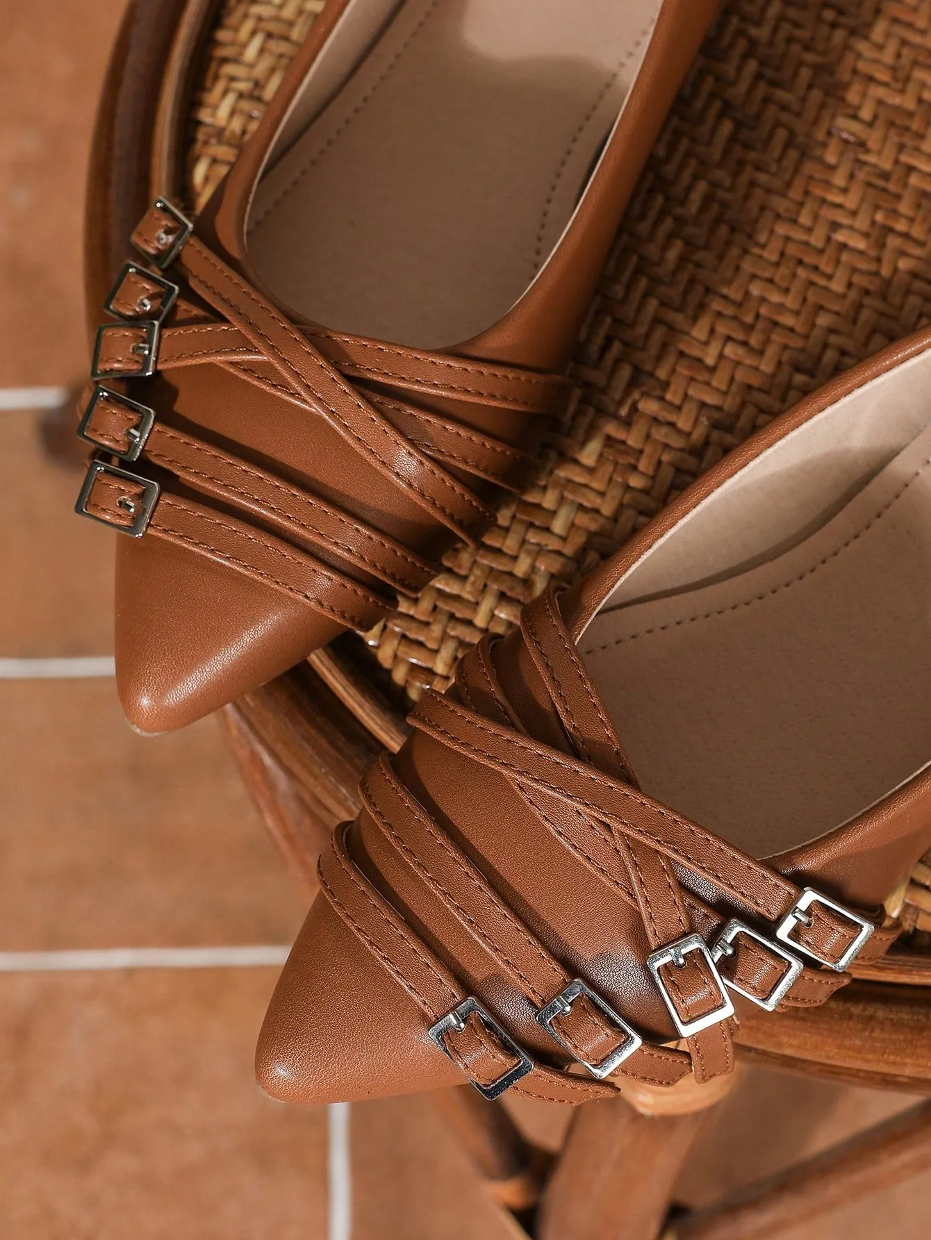Women's Flat Mary Jane Shoes, Solid Brown Color, Multi-Strap, Suitable For All Seasons