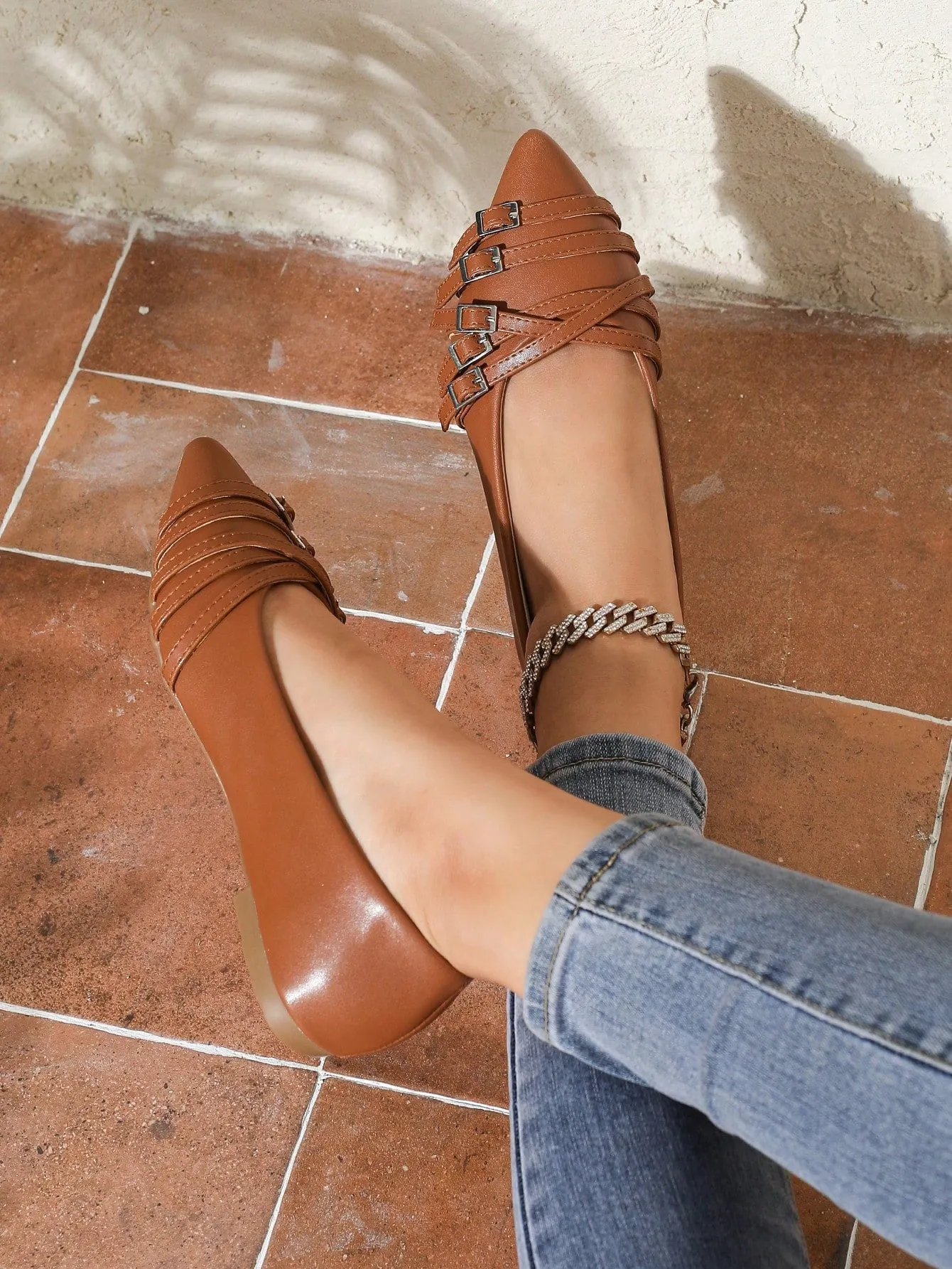 Women's Flat Mary Jane Shoes, Solid Brown Color, Multi-Strap, Suitable For All Seasons