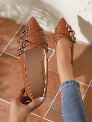 Women's Flat Mary Jane Shoes, Solid Brown Color, Multi-Strap, Suitable For All Seasons